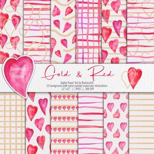 Valentins Day Digital Paper Set, 12 Seamless Patterns, Hand-painted watercolor elements, JPEG, 12 x12 in, Instant Download
