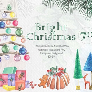 Clipart de acuarela navideña, clipart de invierno PNG, decoraciones navideñas, decoración de año nuevo, clipart de Navidad, descarga instantánea