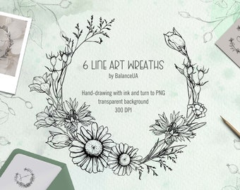 Corona floral de arte lineal, clipart minimalista, corona de arte lineal, corona PNG, coronas botánicas, descarga instantánea
