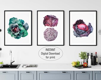 Watercolor set printable wall arts, Included three printable cards, Kitchen poster, Vegetable print, Vegan wall art, Instant download