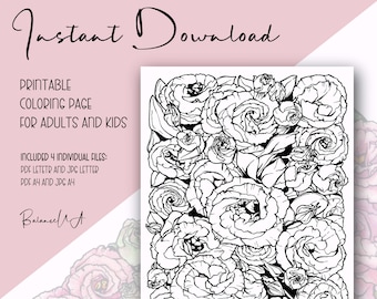 Printable Coloring Page, Flower coloring page 8,5” x 11” and A4, Coloring sheets for Adult and Kids, Instant Download