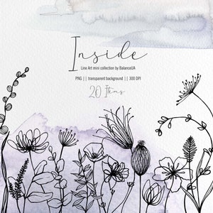 Floral Line Art Clipart, Minimalist Clipart, Line Art Flower, Floral PNG, Botanical Clipart, Graphic illustration, Instant Download