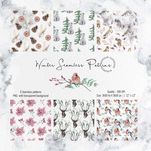 Ensemble de motifs d'hiver sans couture, papier numérique, aquarelle sans couture PNG, hiver sans couture, TÉLÉCHARGEMENT IMMÉDIAT