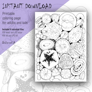Printable Coloring Page, Exotic fruits coloring page 8,5” x 11” and A4, Coloring sheets for Adult and Kids, Instant Download, PCP11