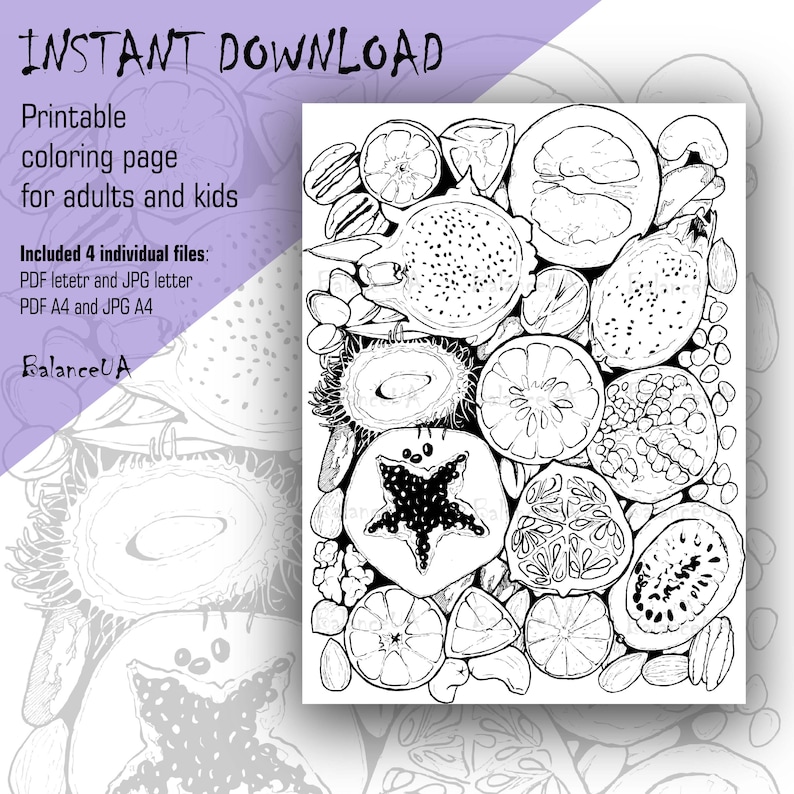 Printable Coloring Page, Exotic Fruits Coloring Page 8,5 X 11 and A4