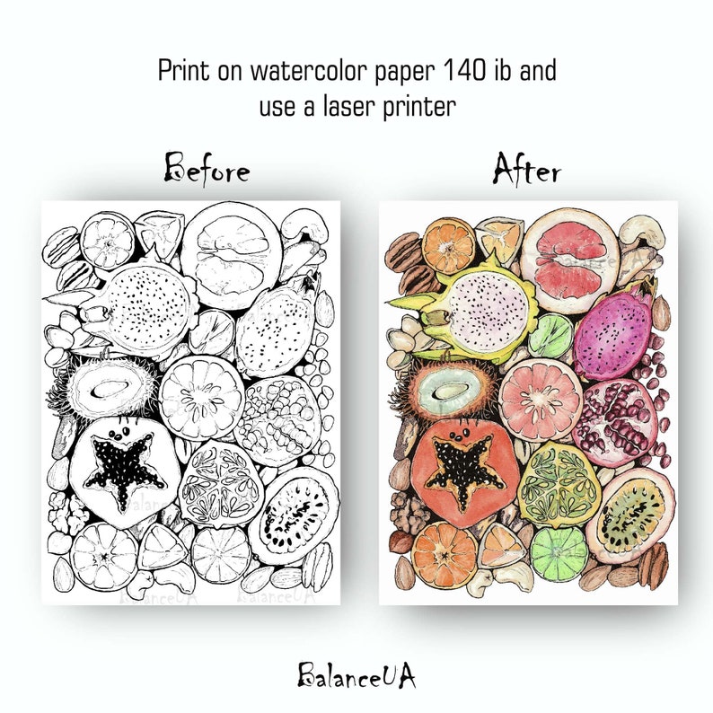 Printable Coloring Page, Exotic Fruits Coloring Page 8,5 X 11 and A4