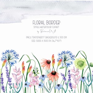 Flower Seamless Border, Watercolor single clipart, Botanical Border Clipart, Seamless PNG, Floral Compositions, Instant Download