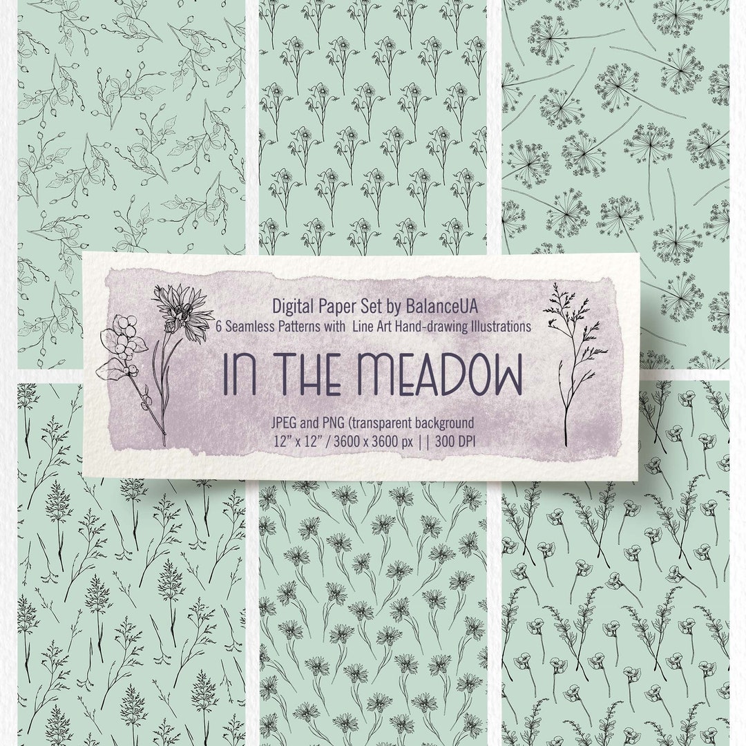 Digital Paper Set With Hand-drawing Line Art Illustrations, Seamless ...