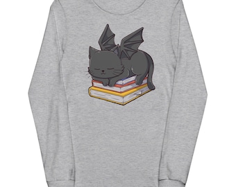 Kid's Cat Dragon Long Sleeve Shirt | Cute Cat Dragon Sleeping on Books | Bookish Gifts | Gifts for Readers