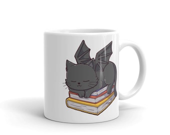 Cat Dragon Mug | Cute Cat Dragon Sleeping on Books | Bookish Gifts | Gifts for Readers