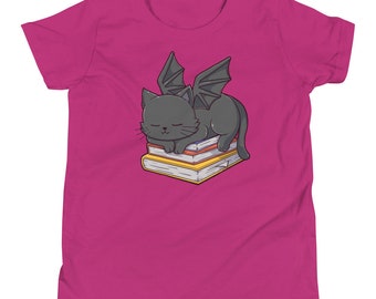 Kinder Katzen Drachen T-Shirt | Netter Katzen-Drache, der auf Bücher schläft | Bücherwurm Geschenke | Geschenke für Leser
