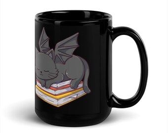 Cat Dragon Black Mug | Cute Cat Dragon Sleeping on Books | Bookish Gifts | Gifts for Readers