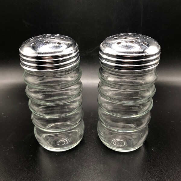 Glass Shakers Set of Two for Flour Powdered Sugar grated cheese Beehive style stacked rings metal lids