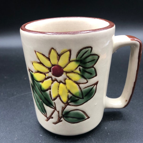 Otagiri Style Flower Mug 70s Yellow Flower Coffee Cup stoneware hand-painted 10 ounces