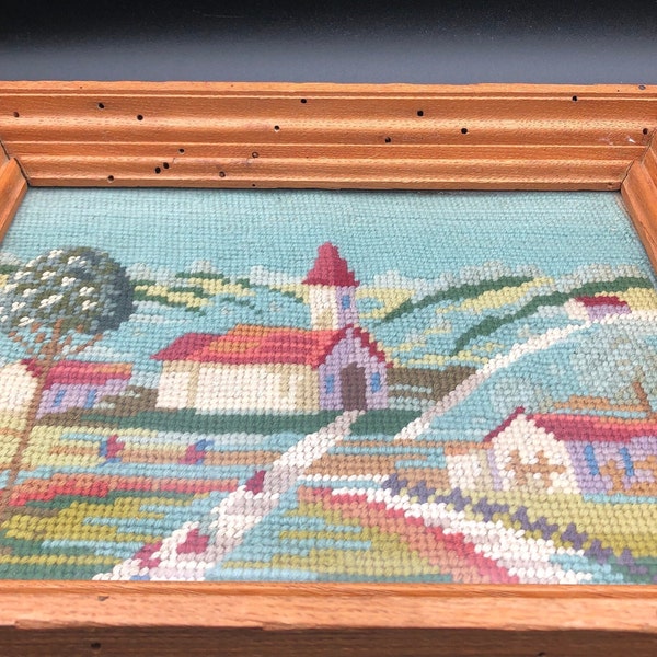 Vintage Needlepoint Church Scene Wooden Distressed Frame Rustic Blues, Reds, Greens