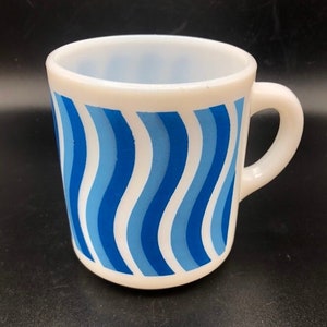 Wavy Blue Lines Hazel Atlas Mug Coffee Cup Vintage Milk Glass Retro
