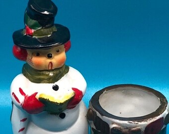 Vintage Little Luvkins Snowman caroling votive candle Holder Snow Person Christmas Singing 4.5" Tall