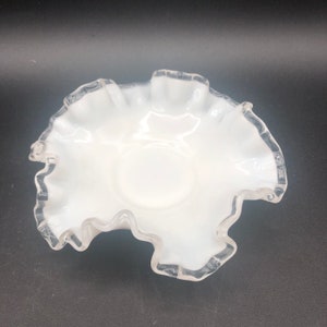 Fenton Silver Glass Bowl Milk Glass small ruffled edge white trinket dish made in USA 6&quot; diameter vintage