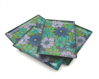 Set of 4 Flower Power Melamine Snack Trays Plastic Rectangular 7.5" x 5.25"