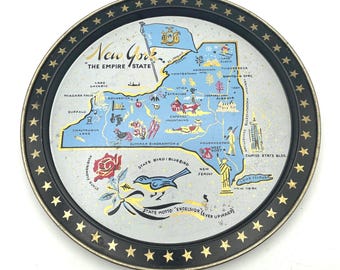 Vintage New York State Metal Tray Map Cities Motto Bird Attractions 11.75" d