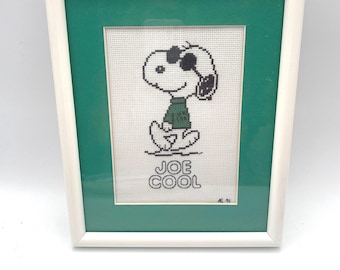 Snoopy Joe Cool Counted Cross Stitch Wall Hanging White Plastic Frame and Matted Peanuts 90s