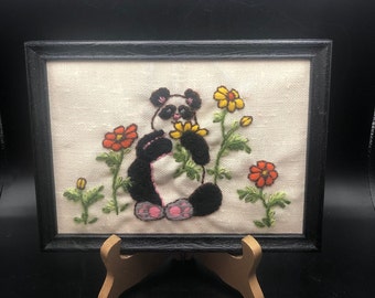 Vintage Crewel Embroidery Panda colorful framed signed handmade fiber arts black, yellow, orange pink playful wall hanging boho 80s