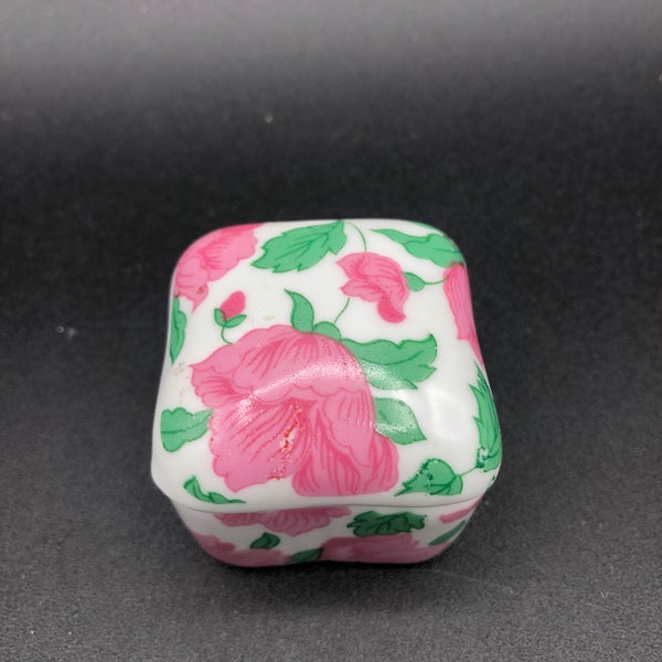 Small Pink Trinket Box Porcelain pill box ring container dish two pieces flowers floral green leaves 1.5" tall