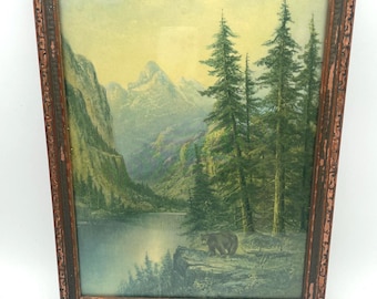 Rustic Bear and Mountains Print with age-distressed Wood Frame Under Glass- 13.5" x 10"