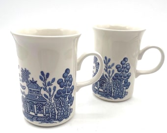 Churchill England Blue and White Willow Coffee Mugs 8 ounce Set of 2