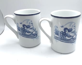 Dansk Bistro Santa Mugs Set of 2 White Mug with Blue Santa