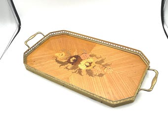 Vintage Sorrento Italy Tray Inlaid Wood and Metal w Floral Marquetry 17" w