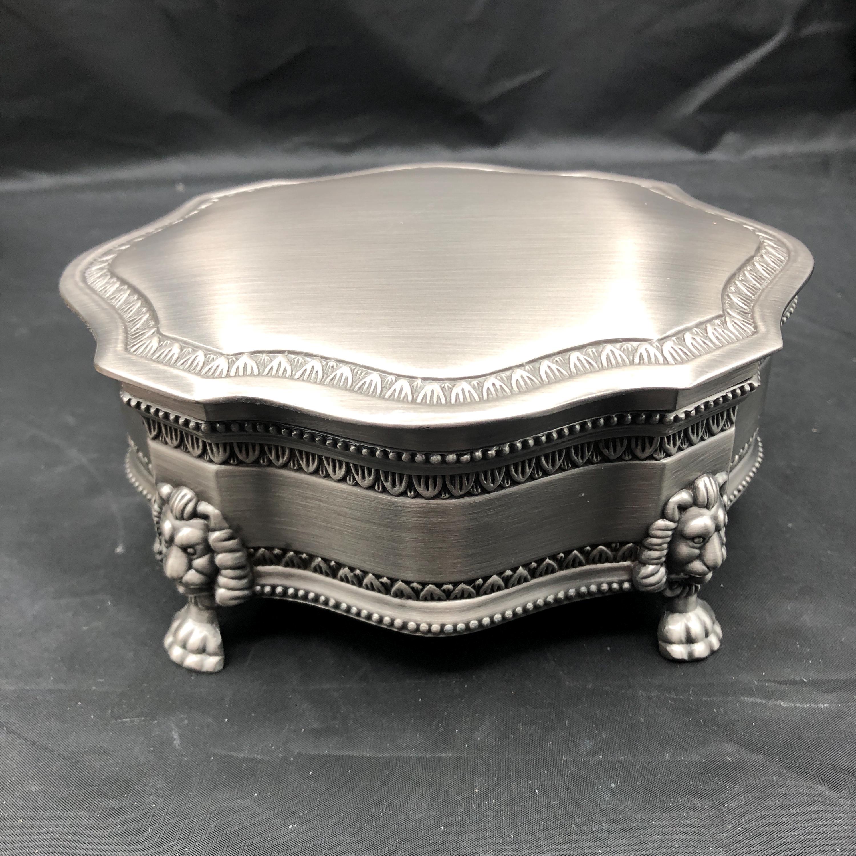 Lions Head Paw Feet Pewter Jewelry Box Red Velvet Lining Trinket