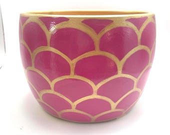 Hot Pink and Gold Planter Scalloped Design Hand Painted Terracotta 5"h