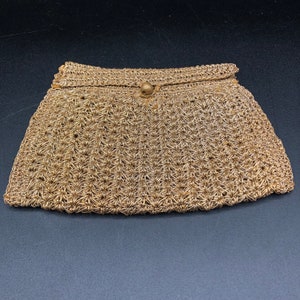 Vintage Gold Lamé Small Clutch Evening bag Purse Handbag Handmade Crochet Button Closure