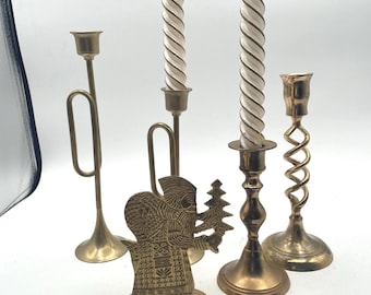 Vintage Brass Candle Holders Set of 5 including Etched Santa with Tree, Spiral and Horns