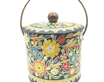 Vintage Daher Tin, Embossed Floral Design, Lidded with Handle, Made England