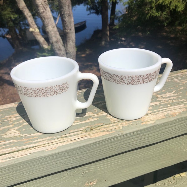 Pyrex Mugs Woodland Set of Two white brown flowers and leaves glass d-handle 8 ounce vintage