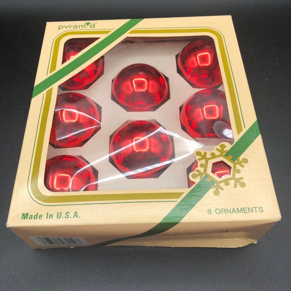 Vintage Red Christmas Glass Ornaments Pyramid Set of 8 Balls Bulbs Baubles Shiny Made in USA Christmas Holiday Decor 2" diameter