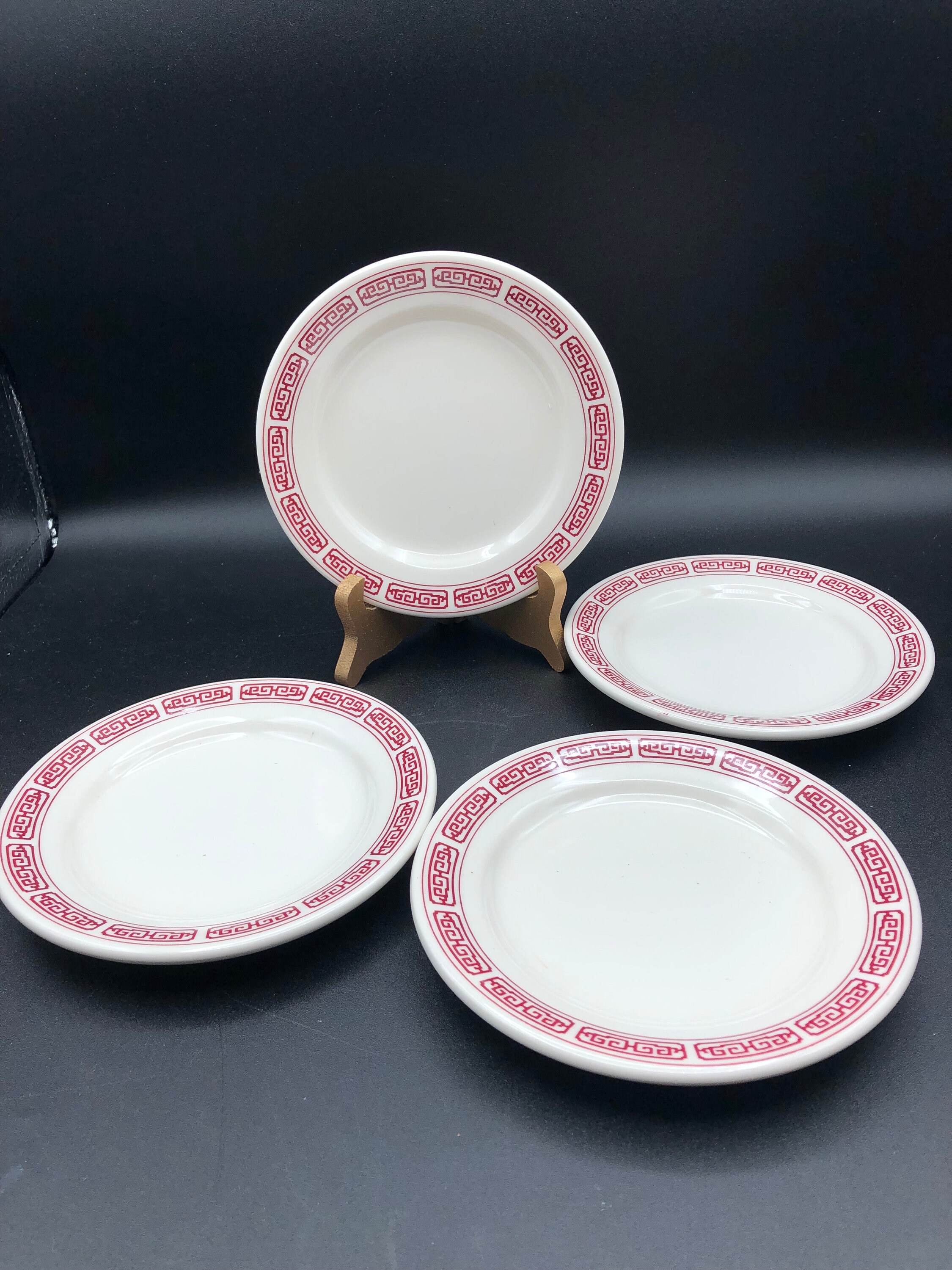 Vintage Buffalo China Greek Key Plates set of 4 restaurant ware dessert salad red scroll on white ceramic 6"