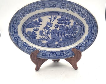Stanley Hotel Ware Willow Oval Plate by Globe Pottery Company England Blue and White w/Some Discoloration 9.5"