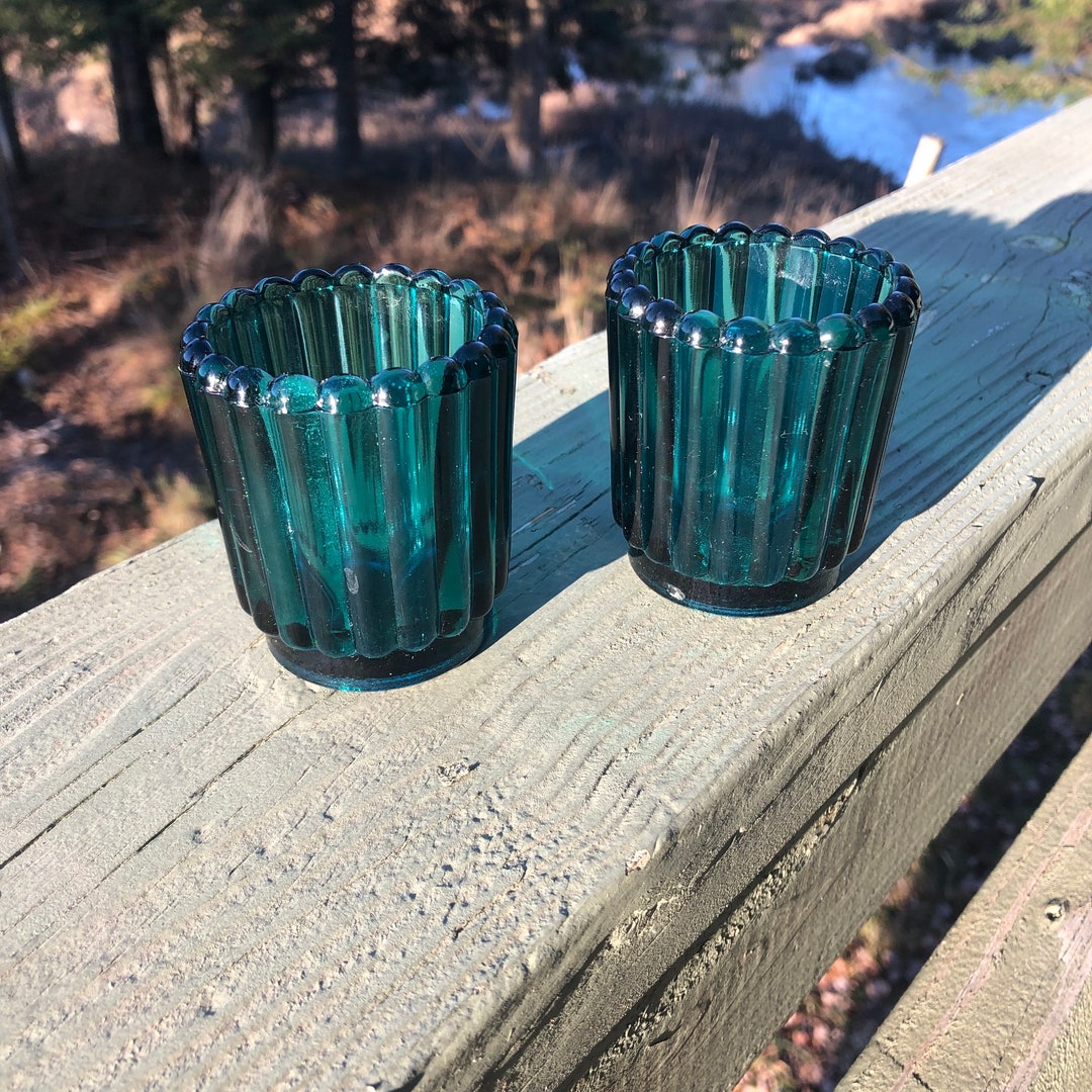 Vintage Teal Blue Votive Candle Holders Glass Set of 2 Ribbed Design