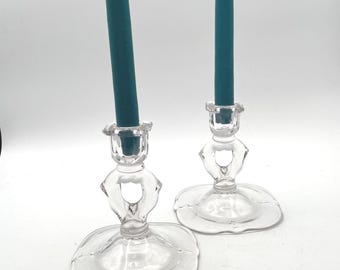 Vintage Clear Glass Candle Holders: Key Hole Design Set of 2