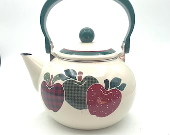 Enamel Tea Kettle Apple Design Metal 8 Cup vintage