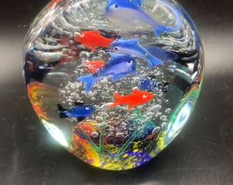 Art Glass Fish Paperweight Aquarium bubbles murano style sculpture bullicante coral colorful ocean bed marine life