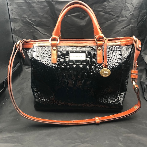 Brahmin Satchel Shoulder Bag Purse Mini Asher black embossed croc brown top handles with strap leather 13" wide by 8.5" high