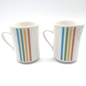Pair of Syracuse China Spectrum Rainbow Stripe Mugs 70s restaurant ware 8 ounce