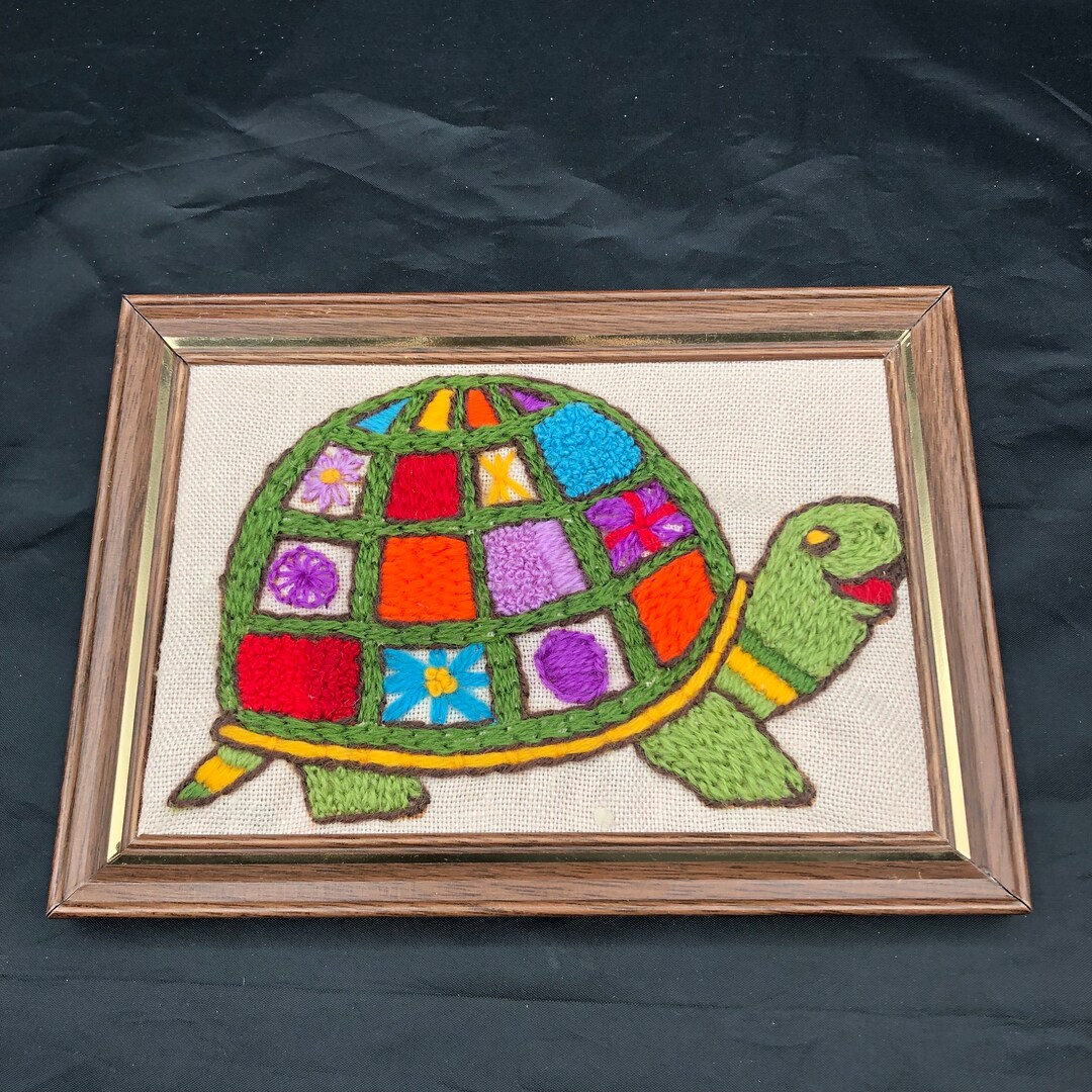 Vintage Crewel Embroidery Turtle Colorful Framed Signed Handmade Fiber Arts Green Red Blue