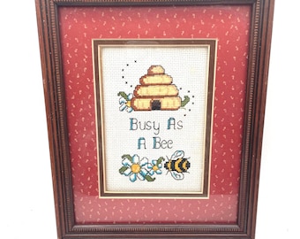 Busy As A Bee Cross Stitch Wood Framed Wall Hanging 9"w x 11"h
