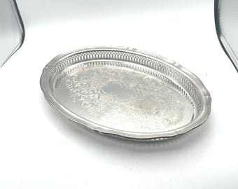 Oneida Silver Plate Tray Oval w/ Eyelet Cut-Out Sides, Raised Edges, Etched Base for Serving or Vanity USA