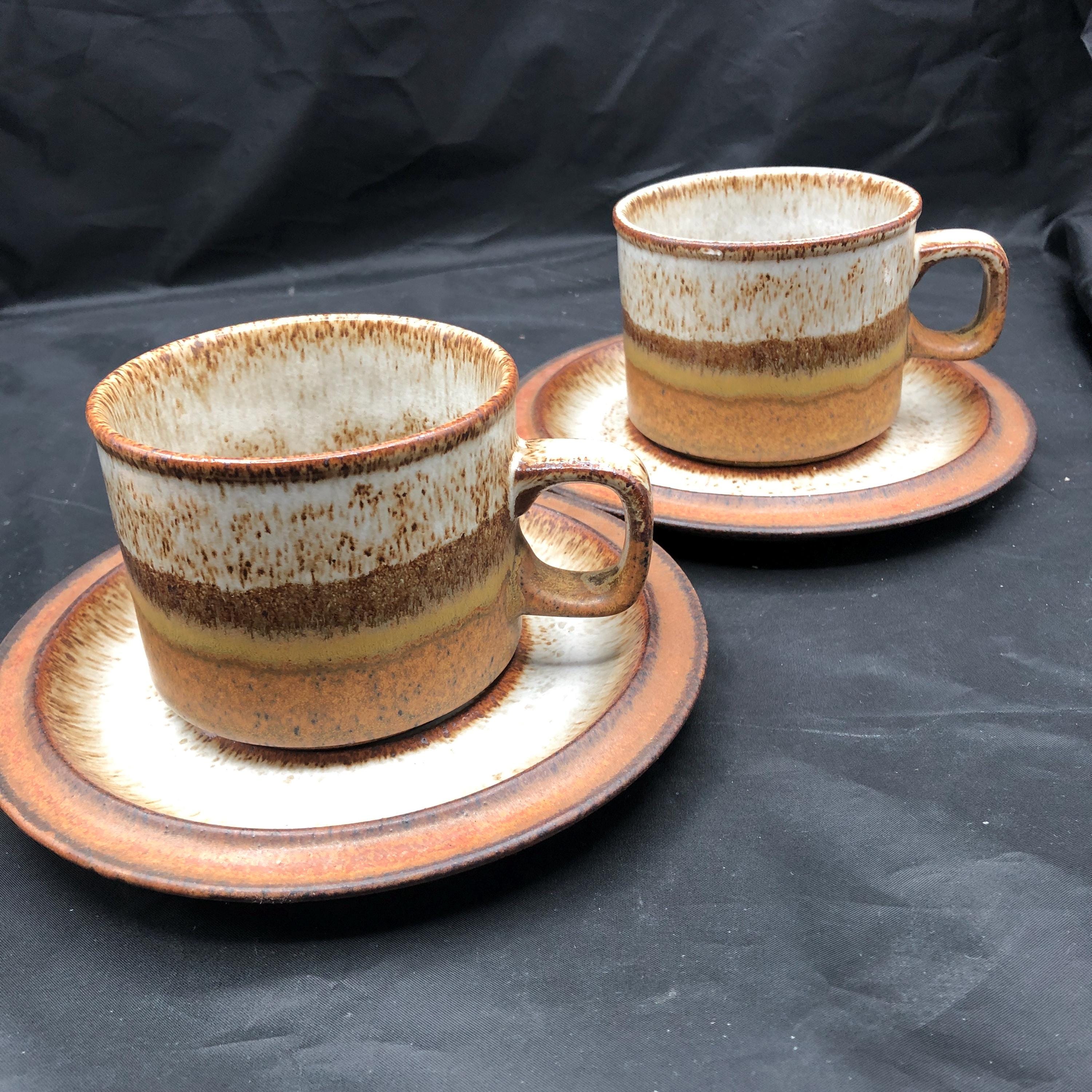 Vintage Dunoon Scotland Cups and Saucers Set of Two ceramic brown earth tones 8 ounces tea coffee cups 70s